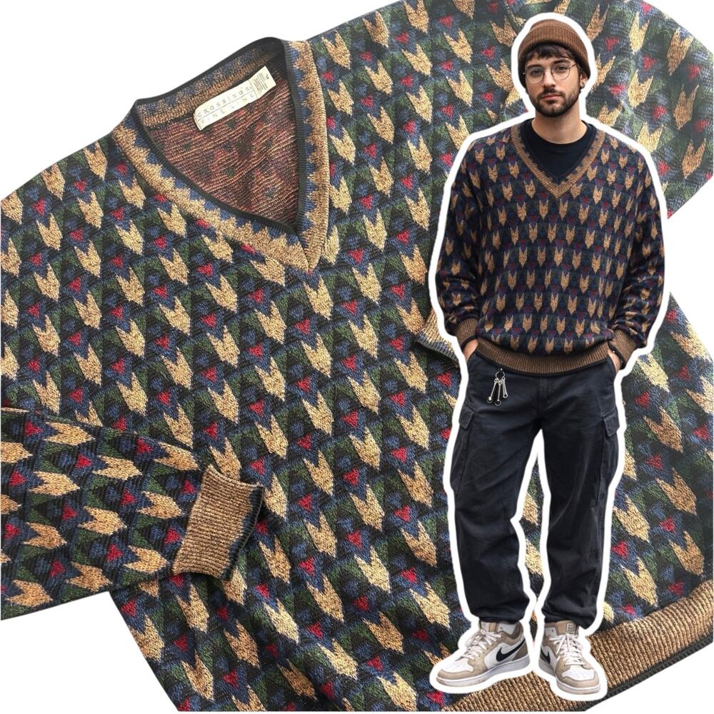 Vtg Crossings Mens Sweater XL V-Neck Grandpa Biggie Cosby HipHop Grunge Preppy